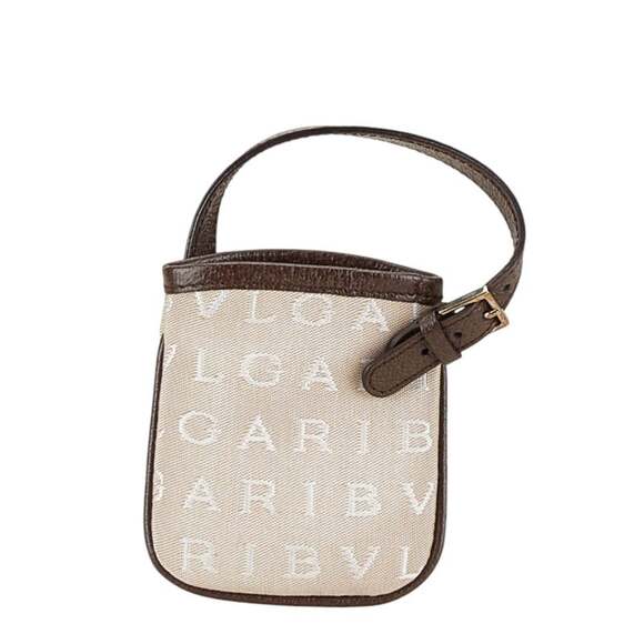 BVLGARI Mania Pouch Bag Charm Beige Brown Canvas Leather Women's